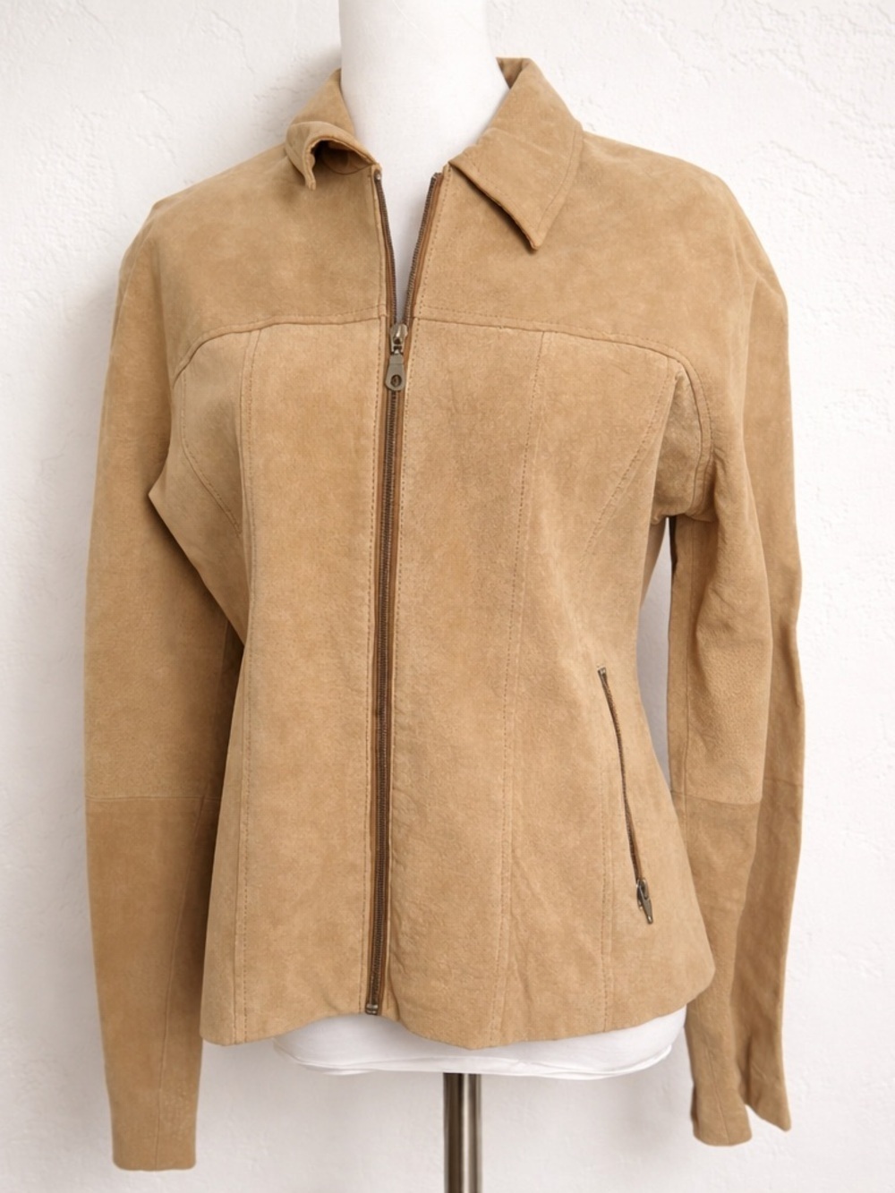 Vintage Tan Suede Leather Jacket Zip Front Fitted Minimalist Y2K